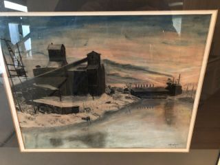 Vintage Youngstown Mill OHIO American Nocturnal Tonalist Sunset Watercolor Signd 2