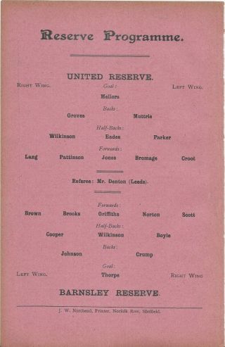 Antique Programme Sheffield United Reserves V Barnsley Reserves 3 - 11 - 1906