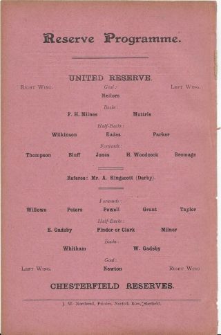 Antique Programme Sheffield United Reserves V Chesterfield Reserves 20 - 10 - 1906