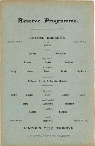 Antique Programme Sheffield United Reserves V Lincoln City Reserves 22 - 9 - 1906