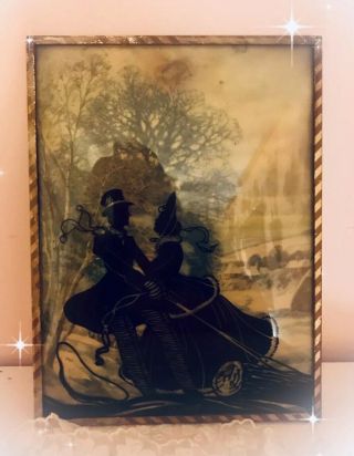 Antique Reverse Painted Convex Glass Silhouette Picture Couple 6” X 7.  5”
