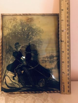 Antique REVERSE Painted CONVEX Glass SILHOUETTE Picture Couple 6” X 7.  5” 4