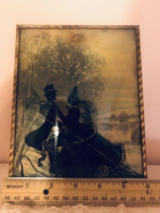Antique REVERSE Painted CONVEX Glass SILHOUETTE Picture Couple 6” X 7.  5” 5
