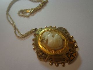 Antique Art Nouveau Shell Cameo Etruscan Necklace 1/20th 12 Kt Gold Filled