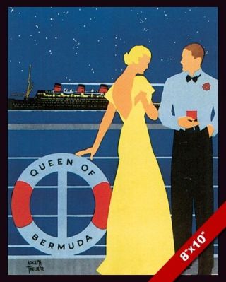 Vintage Queen Of Bermuda Cruise Ship Travel Ad Poster Art Deco Real Canvas Print