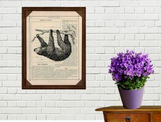 Sloth Art Printed On Antique Book Page Upcycled House Decor Sloth Prints