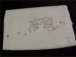 Vintage Antique Doll Baby Flat Sheet Embroidered Bunnies Baby 