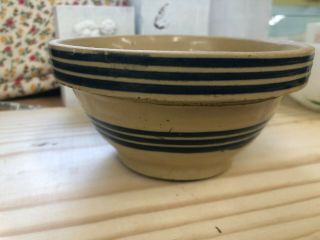 Antique Primitive Yellow Ware Mixing Bowl Pottery W/triple Blue Stripes 6 1/4 "
