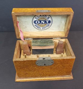 ATQ/1890s CLARK ' S ONT Spool Cotton,  Wood Box with Removable Sewing Caddy 2