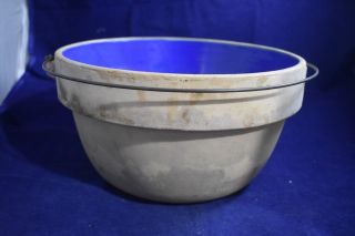 Antique Stoneware Pottery Bowl With Wire Handle Attached,  No Glaze Outside