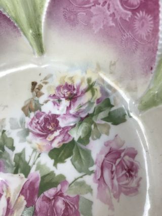 Antique Unmarked RS Prussia Germany Bowl Pink Roses Point & Clover Mold 26 5