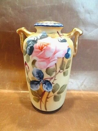 Antique Nippon Noritake Vase,  Pink Roses With Blue And Gold Accents