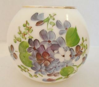 Antique Victorian Rose Bowl Glass Vase Flowers Hand Painted Purple Violets Viola