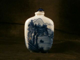 19thc Chinese Blue & White Porcelain Landscape Flat Snuff Bottle Y008