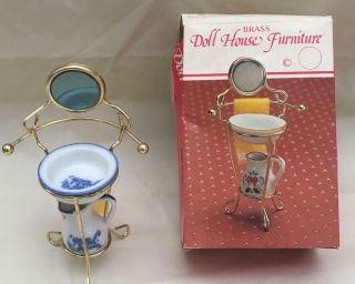 Vintage Brass Doll House Furniture Items Wash Stand Towel Bowl Pitcher