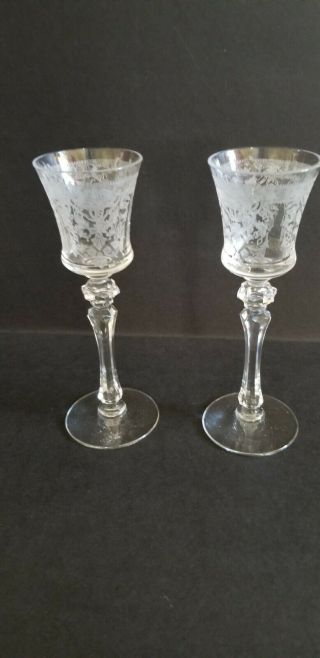 Antique Etched Crystal Set Of 2 Stemmed Cordial Glasses Circa 