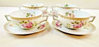Antique Imperial China Alma Austria Double Handled Bouillon Cup Saucer Set Of 4