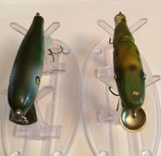 2 VINTAGE JOINTED PAW PAW FROG SPOT PFLUEGER PALOMINE WOOD FISHING LURES 3