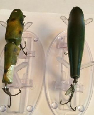 2 VINTAGE JOINTED PAW PAW FROG SPOT PFLUEGER PALOMINE WOOD FISHING LURES 4