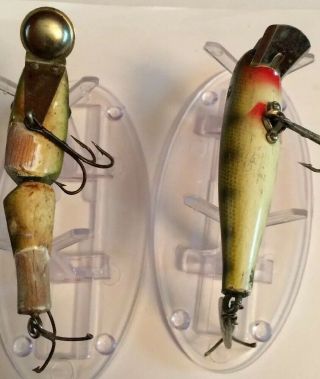 2 VINTAGE JOINTED PAW PAW FROG SPOT PFLUEGER PALOMINE WOOD FISHING LURES 5