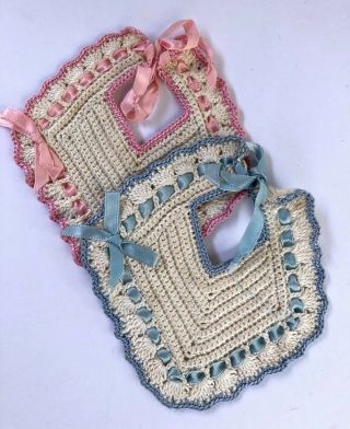 Vintage Crocheted Doll Bib Set Of Two Pink And Blue With Ribbon