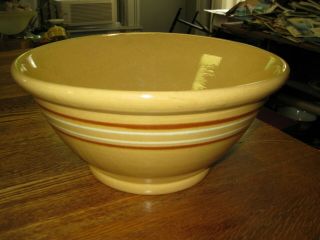 Antique Large Yellow Ware Mixing Bowl 13” Brown & White Banded Country Primitive