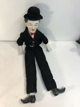 Vintage Charlie Chaplin Silent Film Actor Porcelain Doll Soft Body Black Velvet