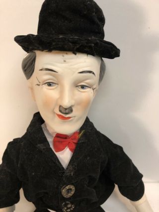 Vintage Charlie Chaplin Silent Film Actor Porcelain Doll Soft Body Black Velvet 2