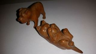2 Antique Hand Carved Folk Art Wood Sculptures English Bull Dog - Kitten Yarn