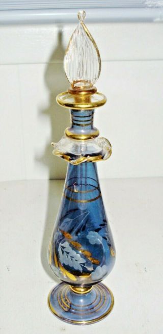 Vintage Egyptian Blue Glass Perfume Bottle Gold Design Nr