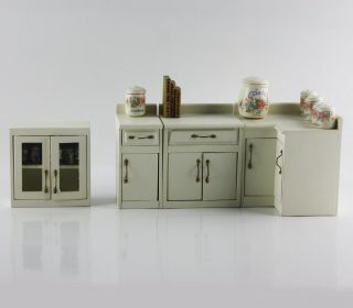 Vtg Dollhouse Miniature Set Of 3 Pitty Pat Wood Kitchen Cabints & 1 Wall Cabinet