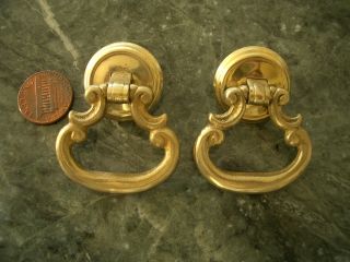 2 Marked Antique Vintage Brass Cabinet Drawer Ring Pulls Handles Backplates
