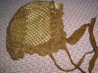 Antique Vintage Doll Crochet Hat/cap Lined Ribbon Bow Ties 12 "