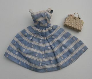 Vintage Barbie Suburban Shopper 969 Blue & White Sun Dress And Basket Purse