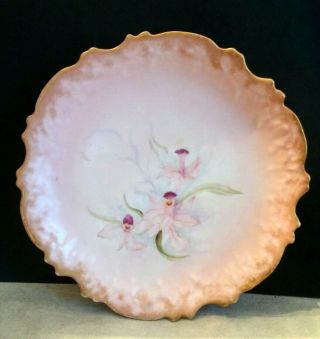Antique France Hand Painted Artist Signed Porcelain Plate Orchids & Shades Pink