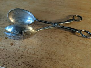 Vintage Leonard Silver Plate Salad Tongs Scissor Style Fork/spoon Acorn Italy