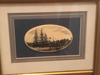 Vintage Stephen Barlow Framed Scrimshaw Ship Engraving Mirror USA 17” x 9” 3