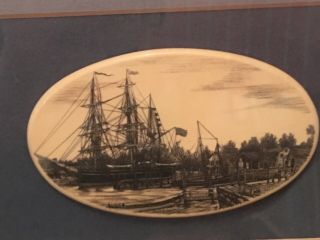Vintage Stephen Barlow Framed Scrimshaw Ship Engraving Mirror USA 17” x 9” 4
