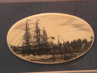 Vintage Stephen Barlow Framed Scrimshaw Ship Engraving Mirror USA 17” x 9” 5