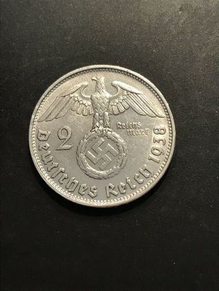 2 Mark 1938 B (vienna) Nazi Germany.  625 Fine Silver Coin W/ Swastika