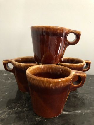 4 Antique Vintage Hull Pottery Brown Drip Coffee Mugs Cups