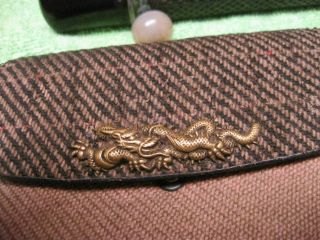 Antique Vt Japanese Tobacco Pouch Pipe Wood Case with Purse Jade Ball Dragon 3