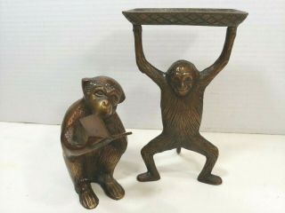 Vtg Cast Brass Set Of 2 Statues Figurines Monkey Holding Tray & Reading Book
