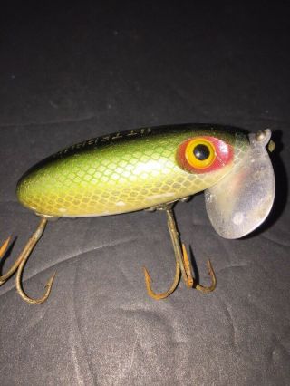 Vintage Fred Arbogast Jitterbug Topwater Fishing Lure Green W/red Eye Ring