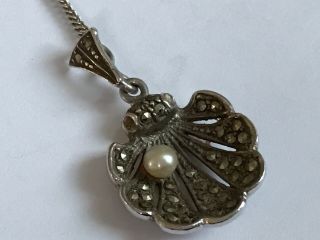 Antique Vintage Edwardian 1900’s Silver Marcasite Seed Pearl Shell Pendant Laval