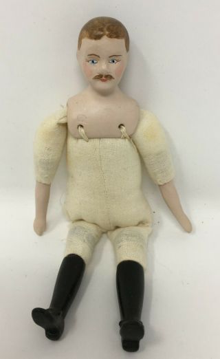 Vintage Artisan Dollhouse Man With Mustache Cloth Doll W Bisque Head Arms Boots