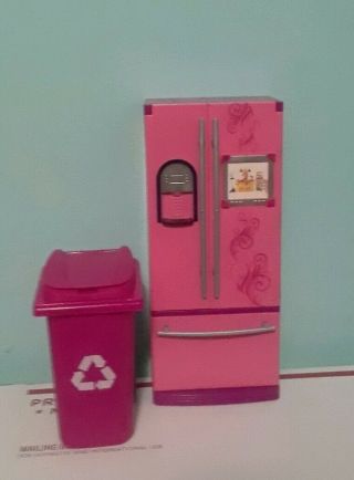2008 Mattel Barbie Doll Kitchen Refrigerator With Pink Garbage Can.