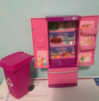 2008 Mattel Barbie Doll Kitchen Refrigerator with Pink Garbage Can. 2