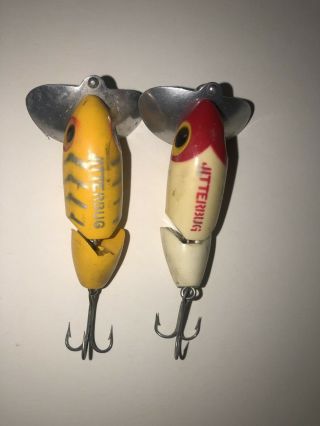 2 Vintage Fred Arbogast Jitterbug Jointed Red/white Yellow/silver Fishing Lure