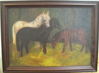 Charming,  Antique Victorian Oil Of 3 Horses In Stable